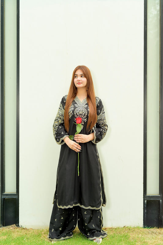 Amna khurram Viscose 3 Piece Embroidered Shirt & Balloon Pant Set (03)
