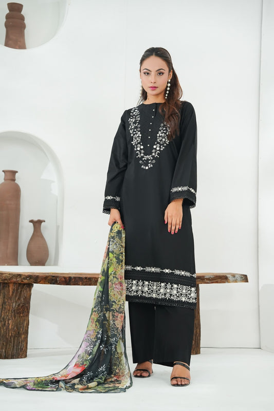 Amna Khuram – BLACK Cut Dana Emb Neck 3PC Cotton Lawn Stitched Suit