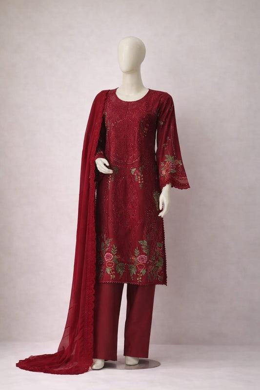 Pasand of Lahore 3-Piece Premium Viscose Suit – Mehroon (BF-335)