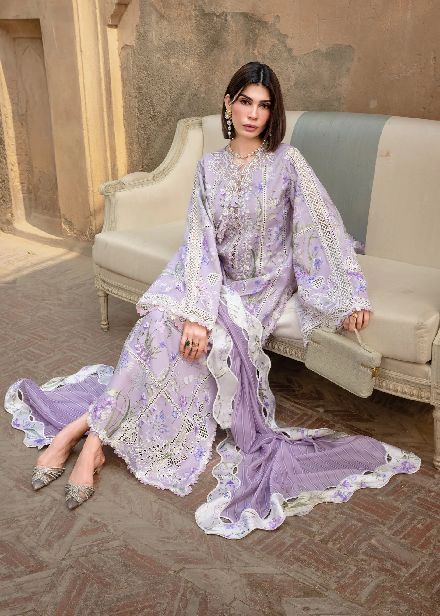 Flow By Crimson Unstitched Embroidered 3 Piece Suit A Summer Dance - D2B (Lavender)