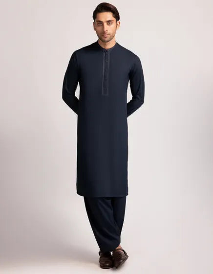 Navy Blue Blended Semi-Formal Stitched Kameez Shalwar – Regular Fit