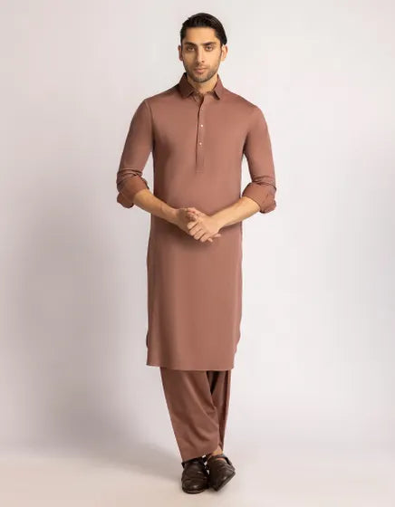Rust Brown Cotton Casual Semi-Formal Stitched Kameez Shalwar – Regular Fit