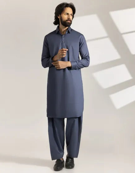 Dark Grey Cotton Semi-Formal Stitched Kameez Shalwar – Regular Fit