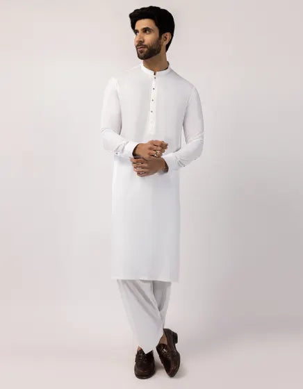 White Blended Semi-Formal Stitched Kameez Shalwar – Regular Fit