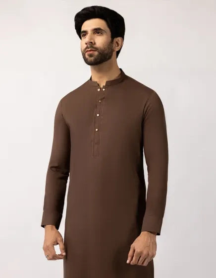 Brown Semi-Formal Stitched Kameez Shalwar – Regular Fit (Blended Fabric)