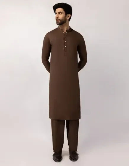 Brown Semi-Formal Stitched Kameez Shalwar – Regular Fit (Blended Fabric)