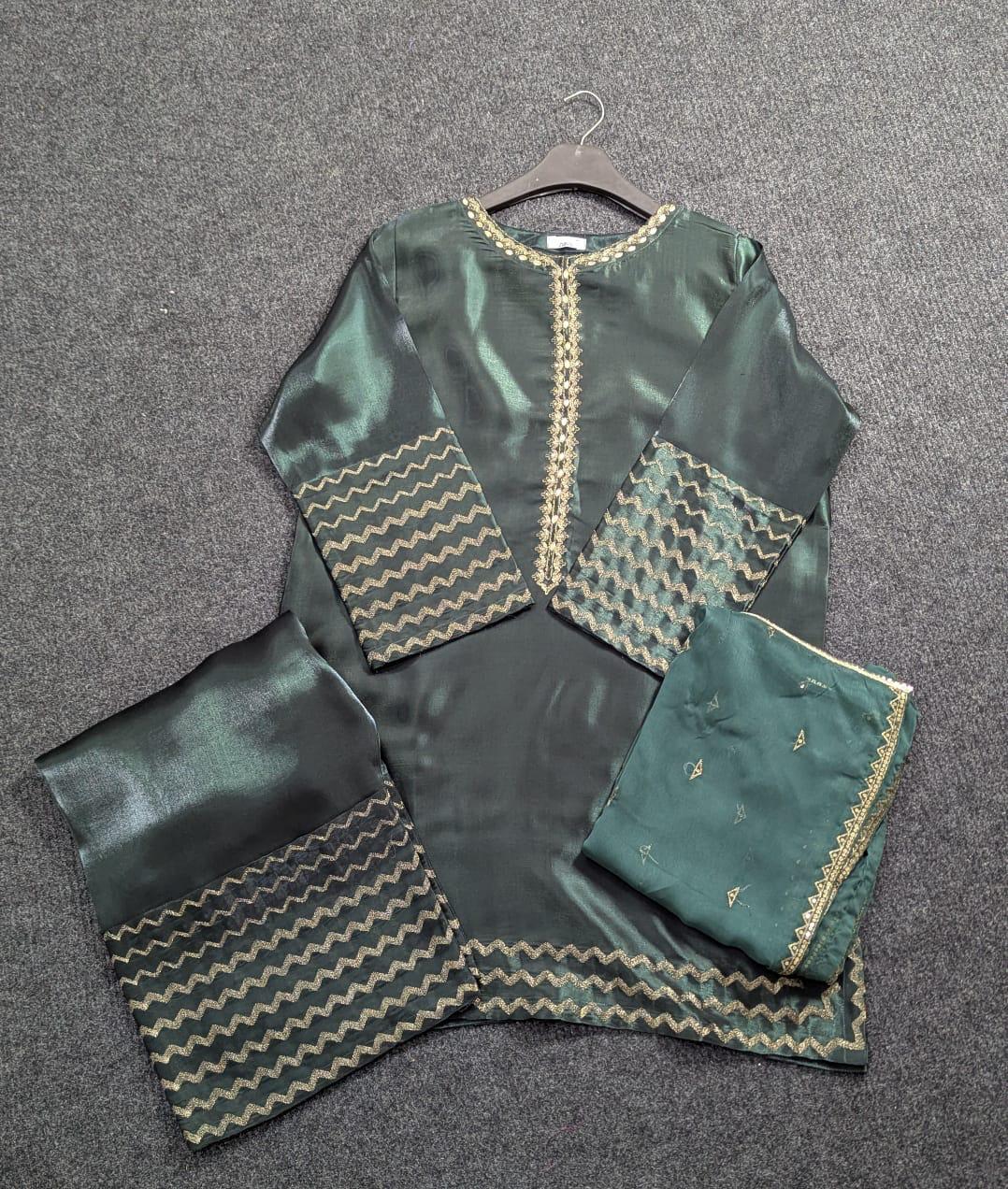 Amna Khurram Green Zimal-nov#4 3pc Raw Silk Ready to wear