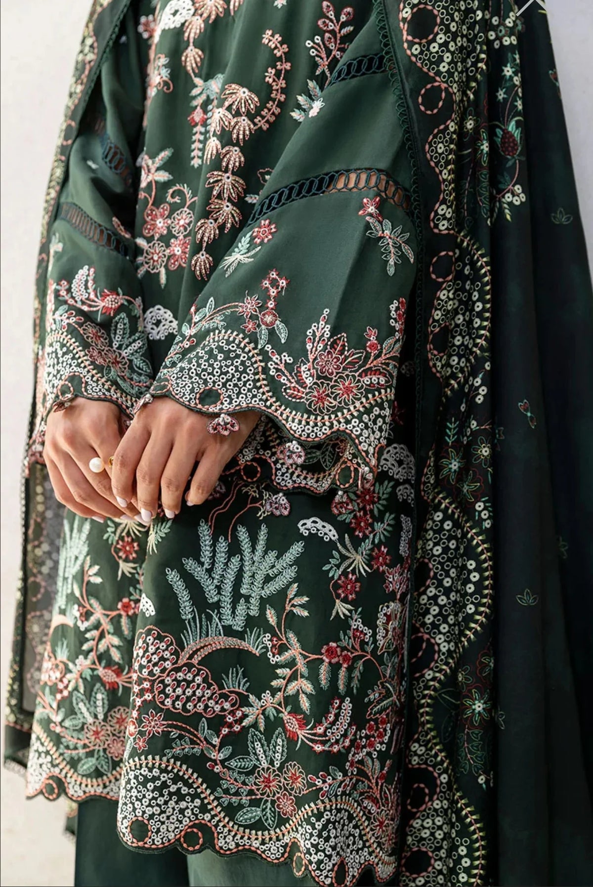 CROSS STITCH GREEN ORNATE-3PC COTTON SATIN READY TO WEAR