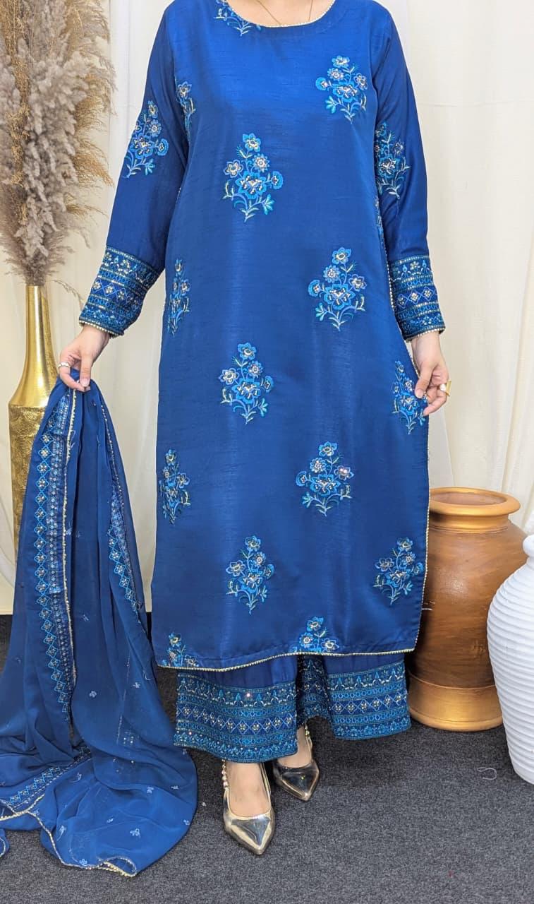 Amna Khurram Blue Zimal-nov#22 3pc Raw Silk Ready to wear