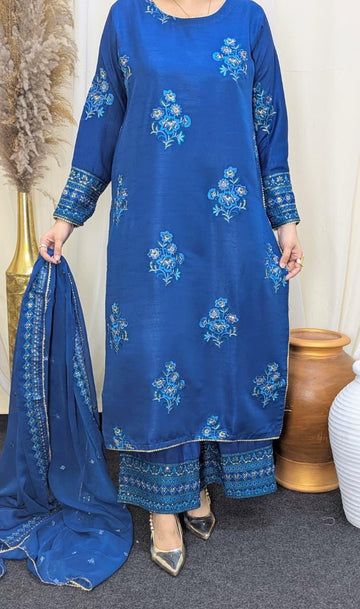 Amna Khurram Blue Zimal-nov#22 3pc Raw Silk Ready to wear