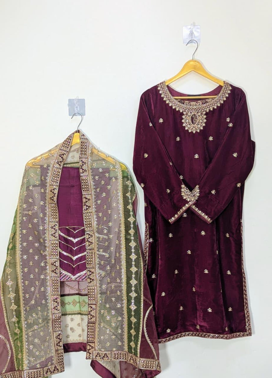 Amna Khurram Maroon Velvet 3pc Ready to wear