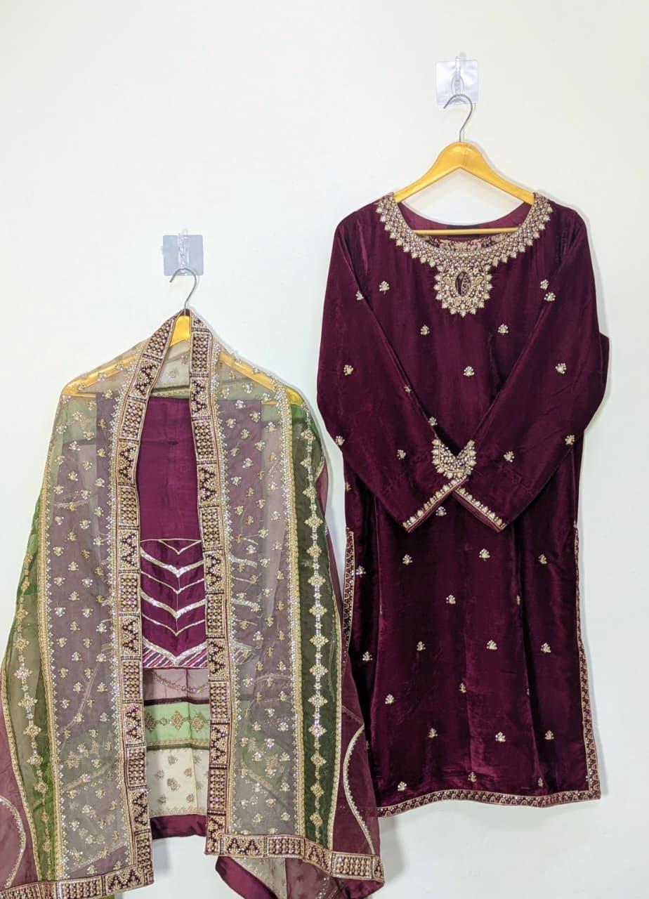Amna Khurram Maroon Velvet 3pc Ready to wear