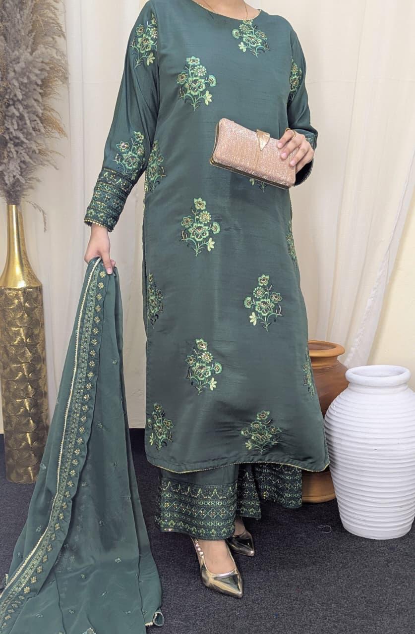 Amna Khurram Green Zimal-nov#22 3pc Raw Silk Ready to wear