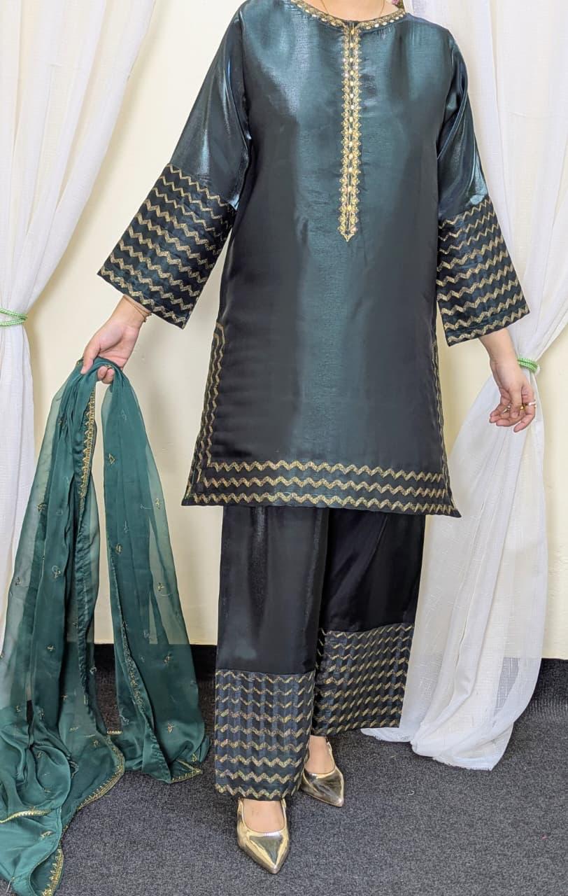 Amna Khurram Green Zimal-nov#4 3pc Raw Silk Ready to wear