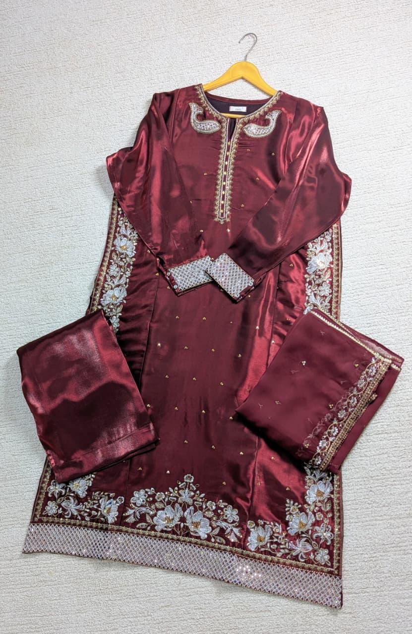 Amna Khurram Maroon Zimal-nov#25 3pc Raw Silk Ready to wear