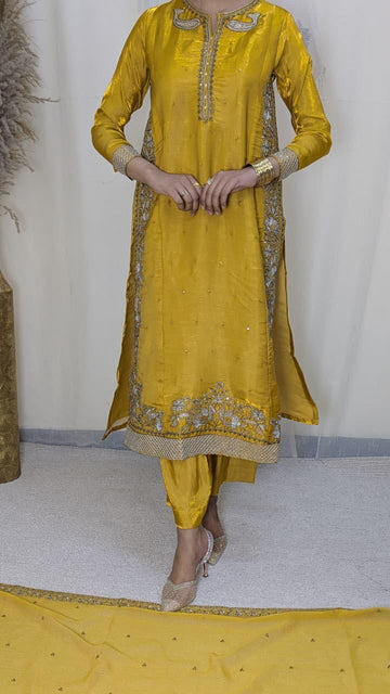 Amna Khurram Yellow Zimal-nov#25 3pc Raw Silk Ready to wear
