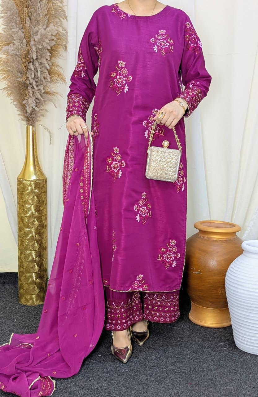 Amna Khurram Pink Zimal-nov#22 3pc Raw Silk Ready to wear