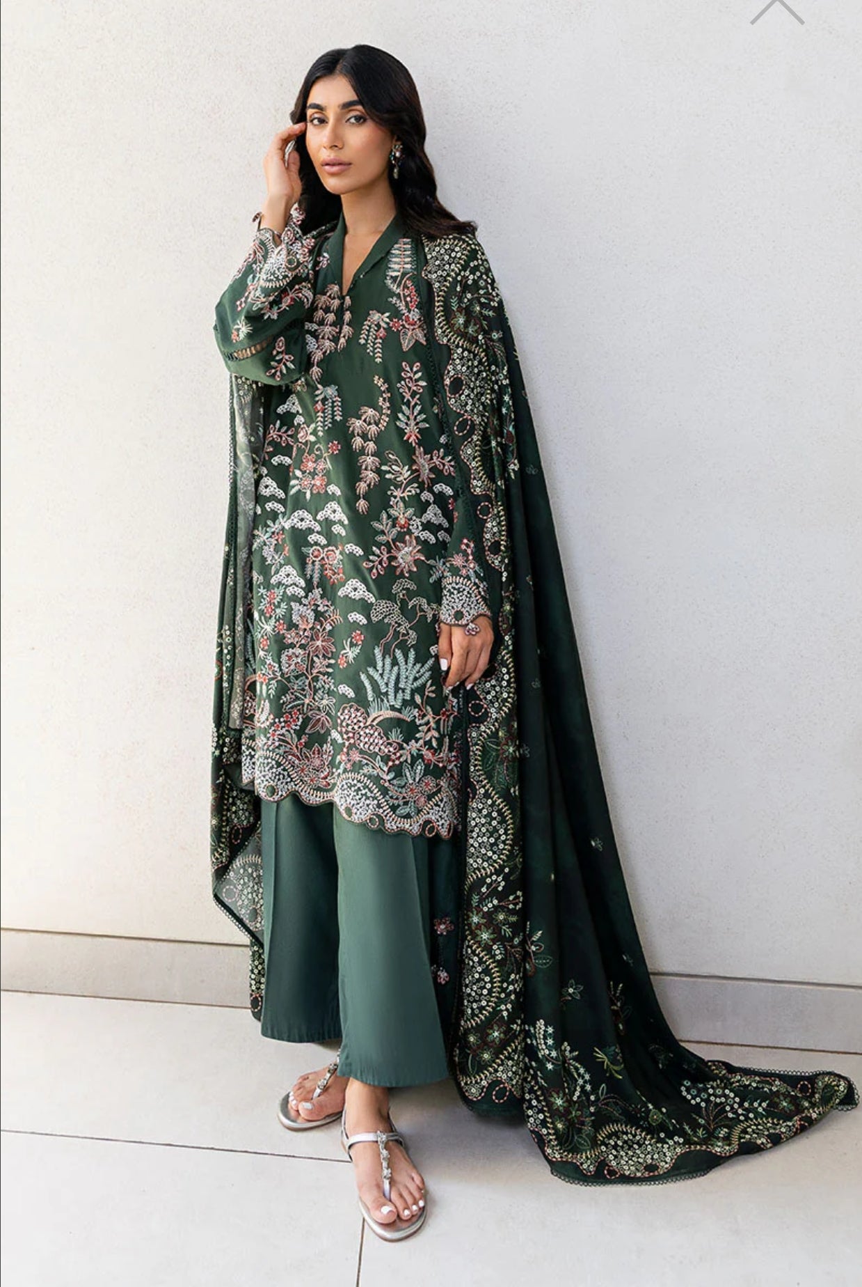 CROSS STITCH GREEN ORNATE-3PC COTTON SATIN READY TO WEAR