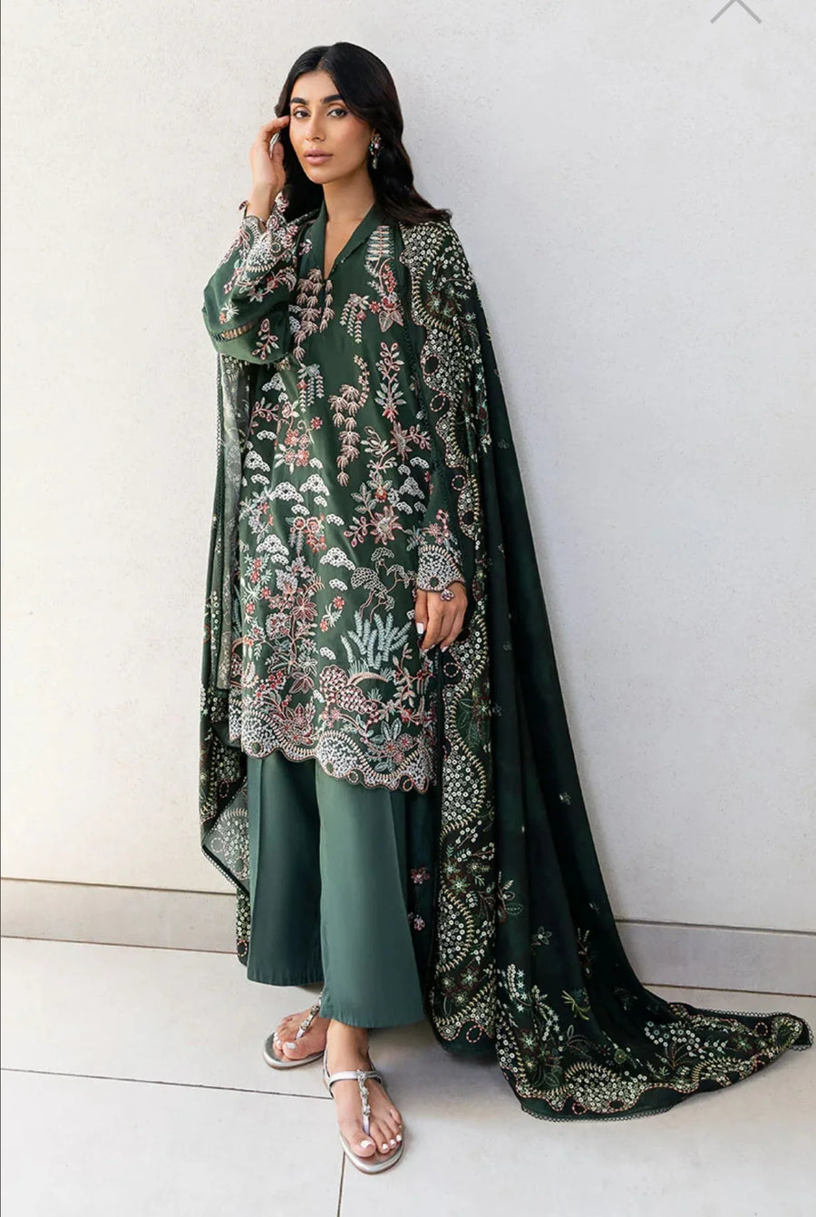 CROSS STITCH GREEN ORNATE-3PC COTTON SATIN READY TO WEAR