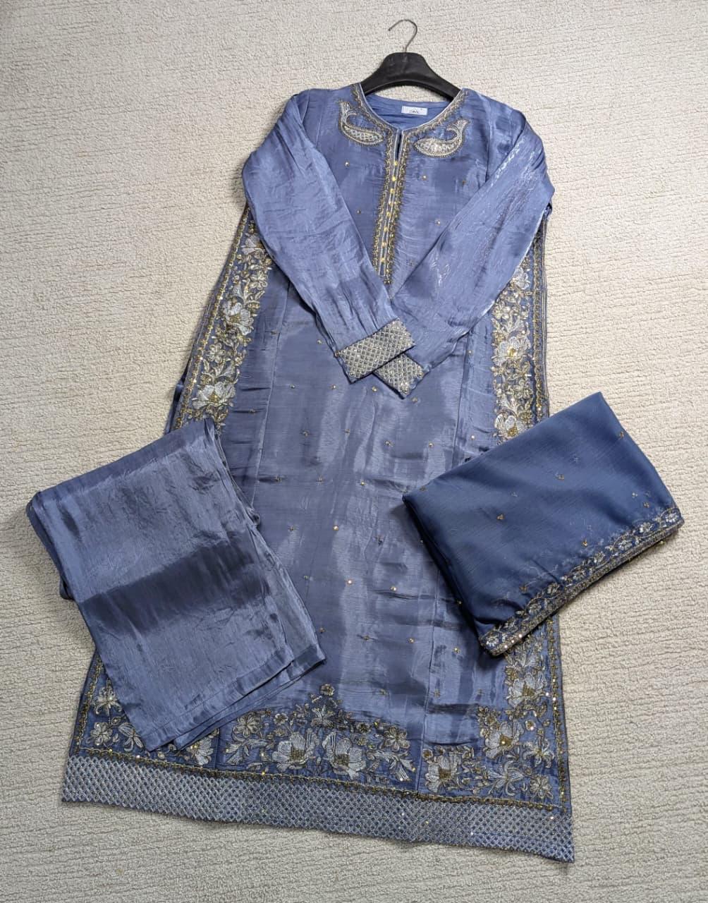 Amna Khurram Grey Zimal-nov#25 3pc Raw Silk Ready to wear