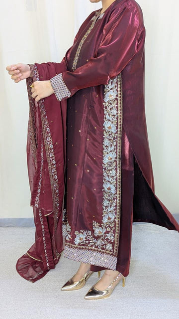 Amna Khurram Maroon Zimal-nov#25 3pc Raw Silk Ready to wear