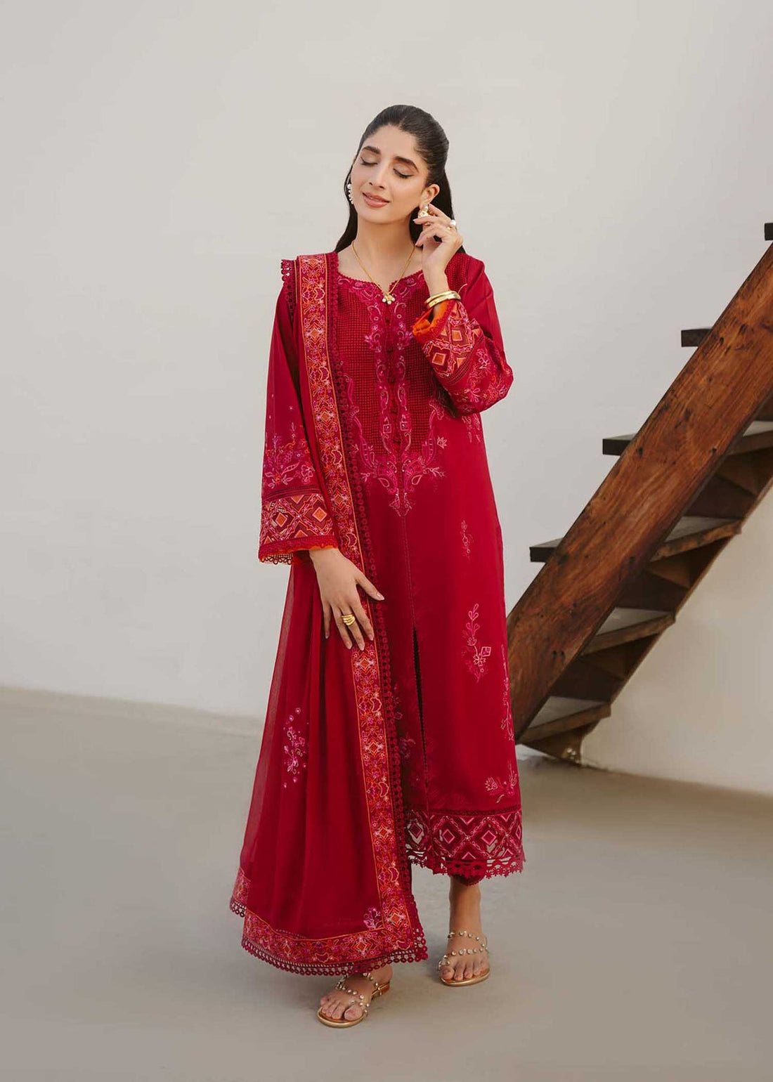 Jeem 3 PIECE EMBROIDERED CHERRY RED LAWN 25'