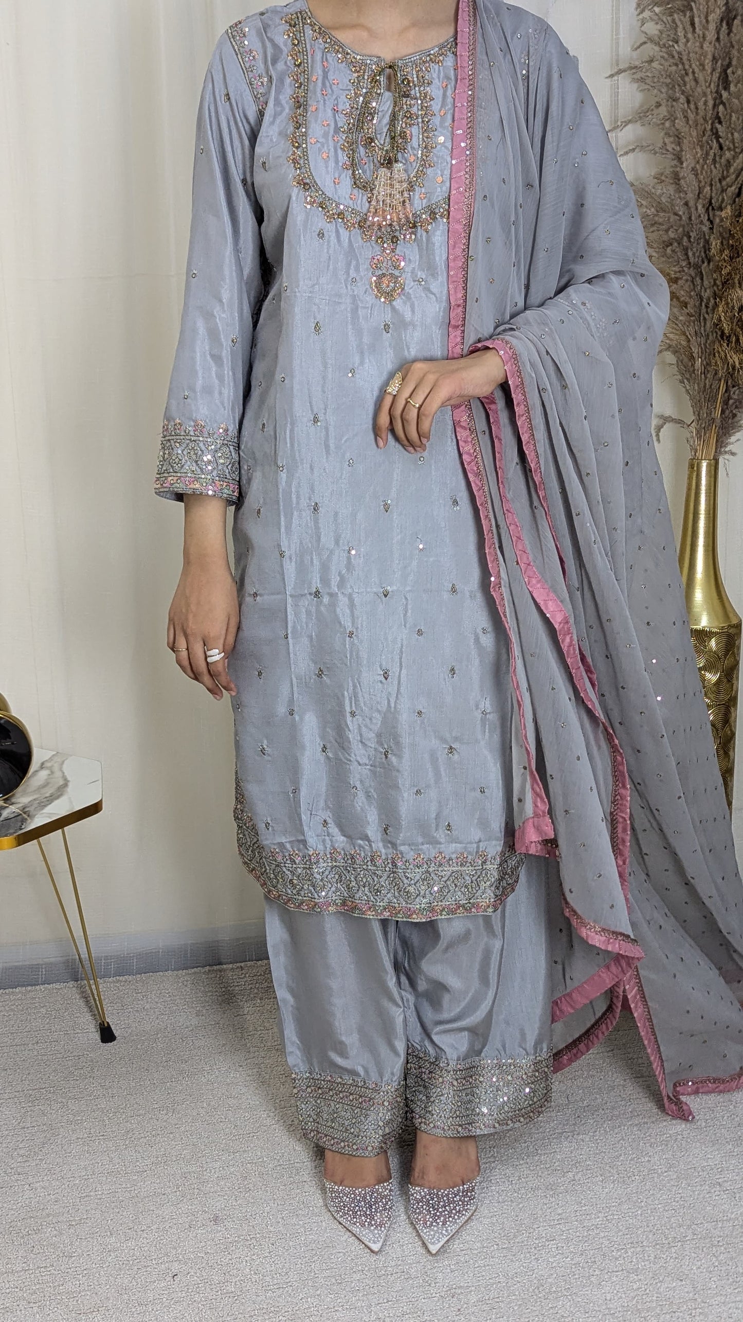 Amna Khurram SAIMA B AS SEP 04 Grey Ready to wear Silk