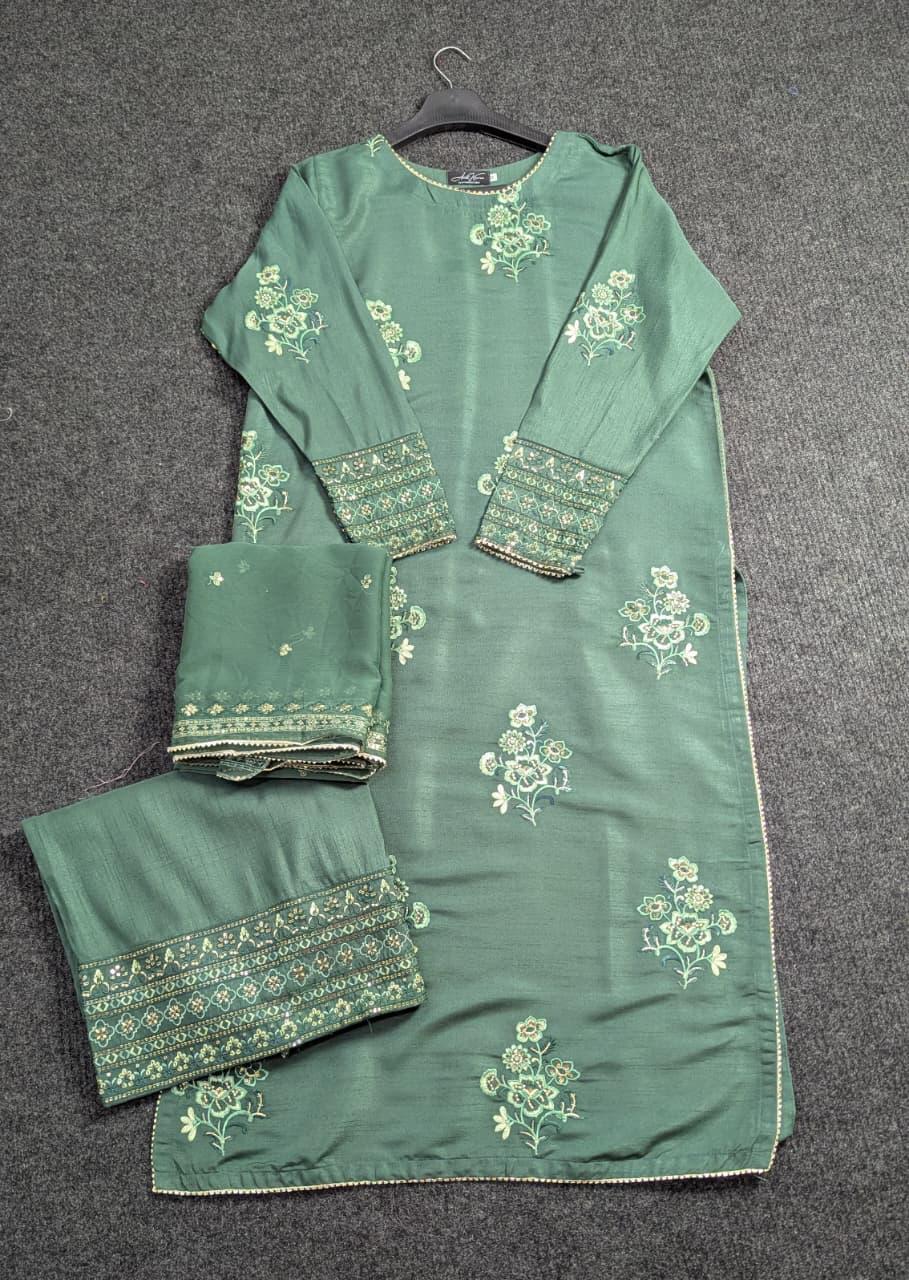 Amna Khurram Green Zimal-nov#22 3pc Raw Silk Ready to wear