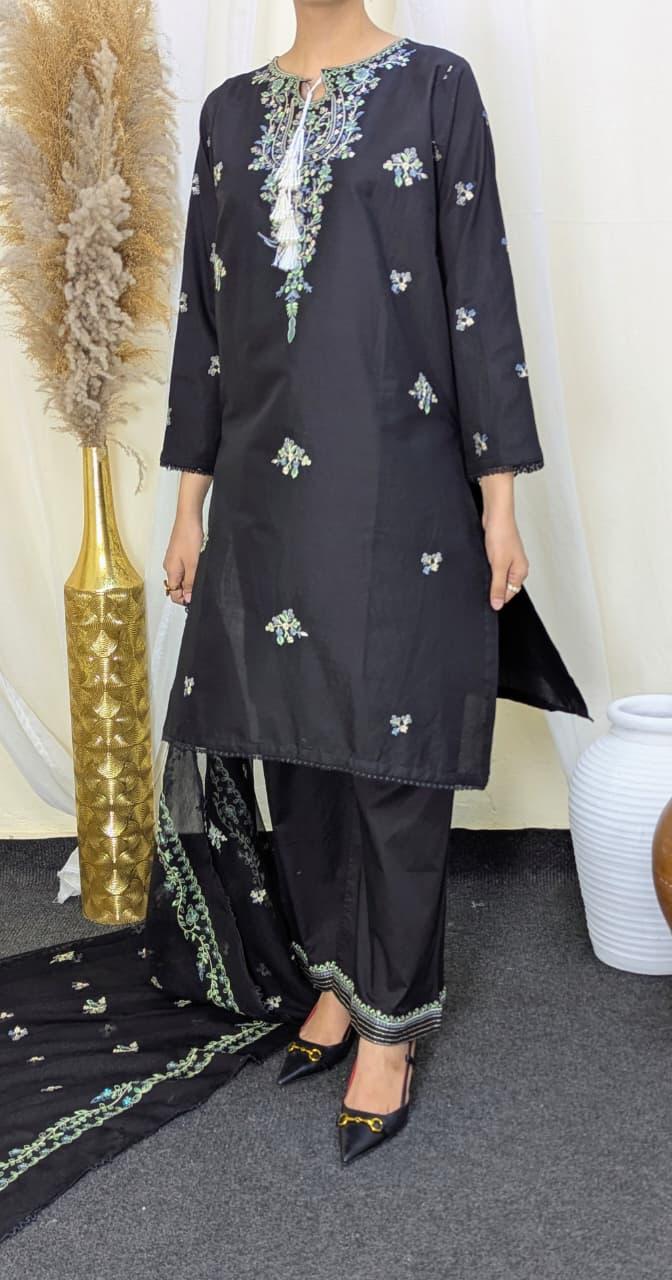 Amna Khurram Black Zimal-nov#17 3pc Raw Silk Ready to wear