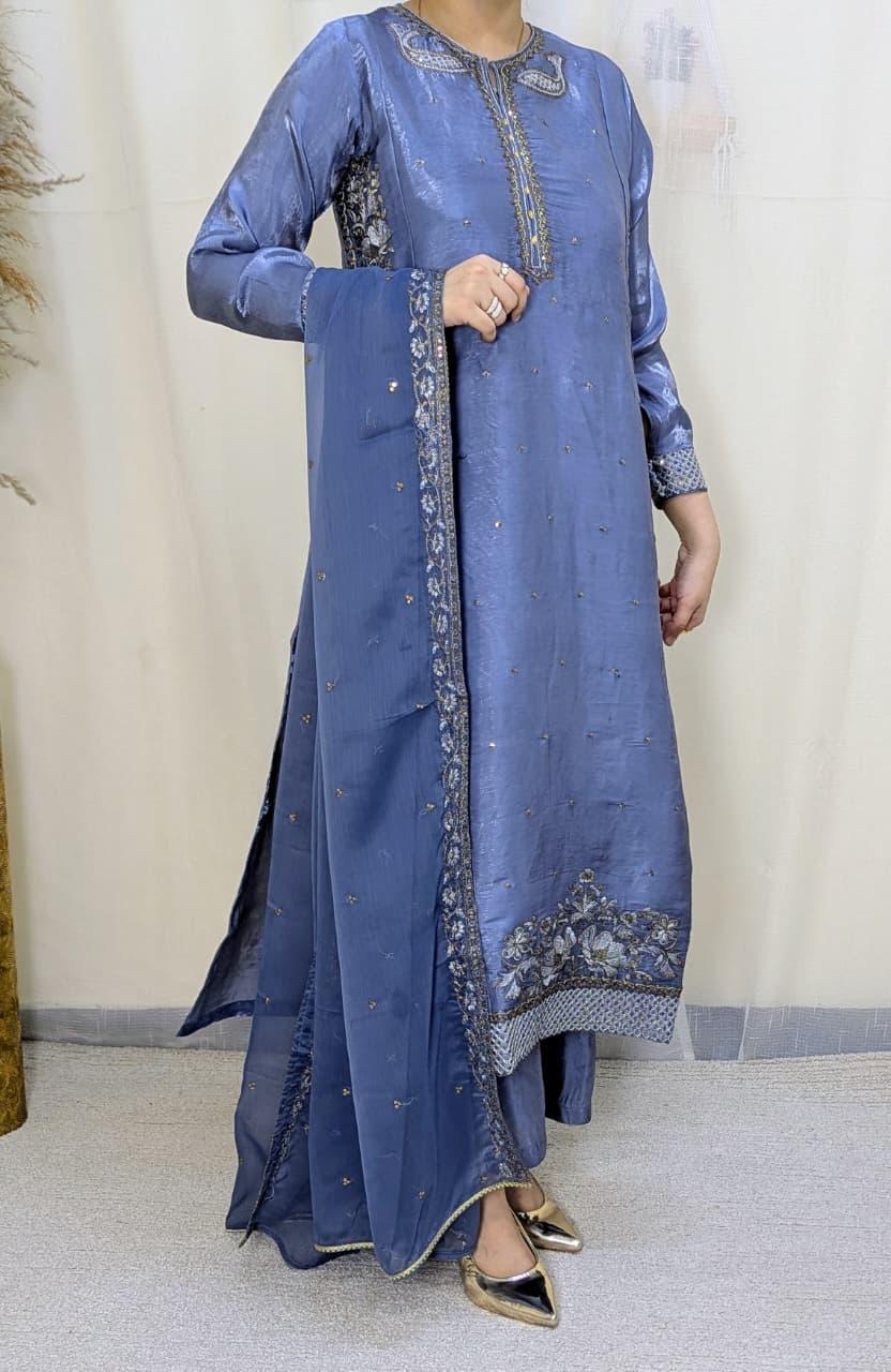 Amna Khurram Grey Zimal-nov#25 3pc Raw Silk Ready to wear