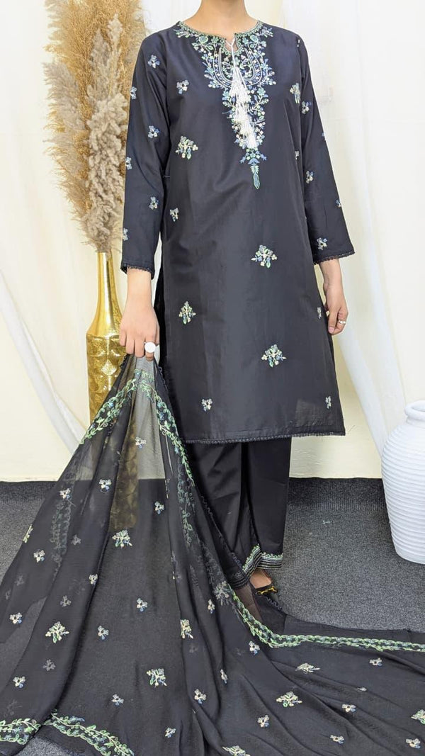 Amna Khurram Black Zimal-nov#17 3pc Raw Silk Ready to wear