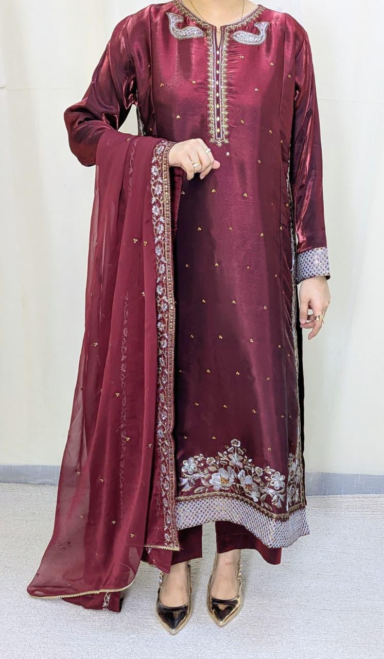Amna Khurram Maroon Zimal-nov#25 3pc Raw Silk Ready to wear