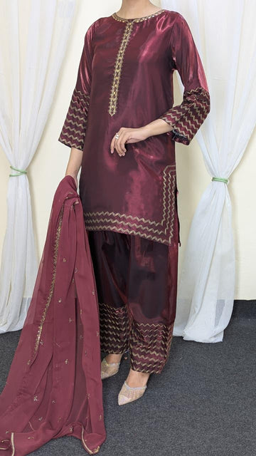 Amna Khurram Maroon Zimal-nov#4 3pc Raw Silk Ready to wear