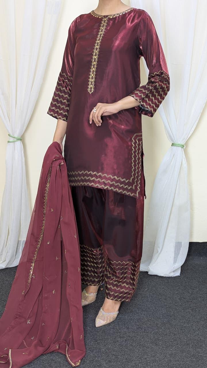Amna Khurram Maroon Zimal-nov#4 3pc Raw Silk Ready to wear