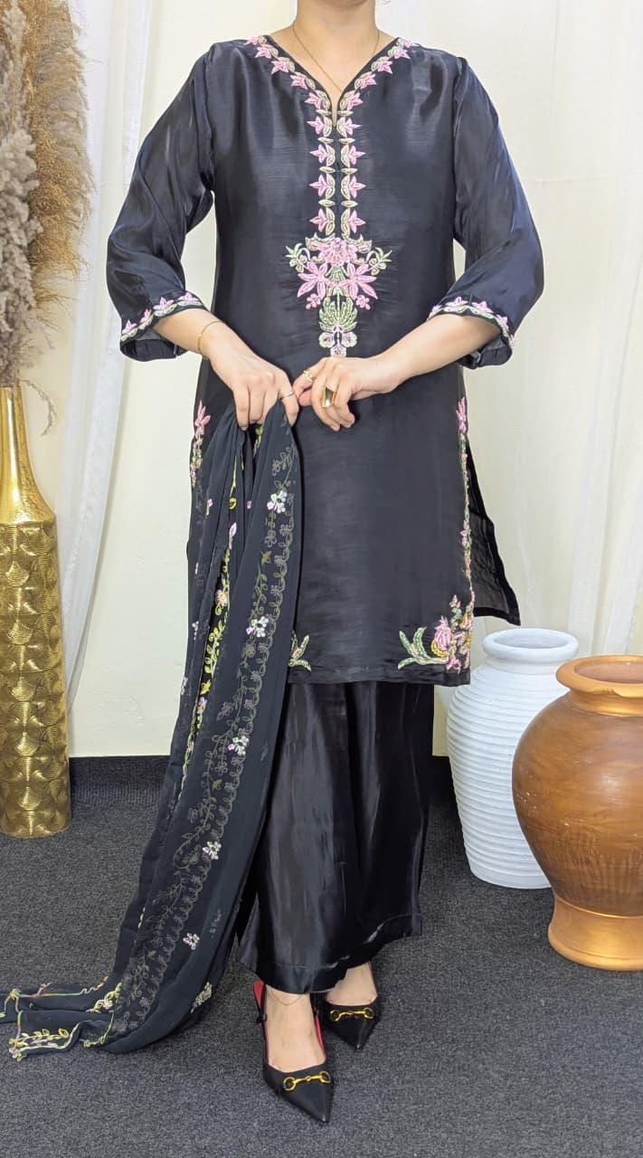 Amna Khurram Black Zimal-nov#19 3pc Raw Silk Ready to wear