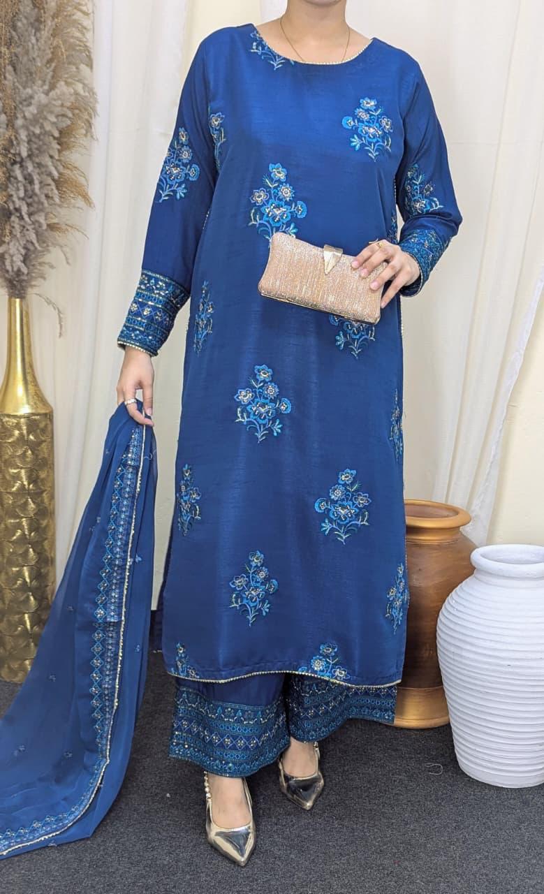 Amna Khurram Blue Zimal-nov#22 3pc Raw Silk Ready to wear