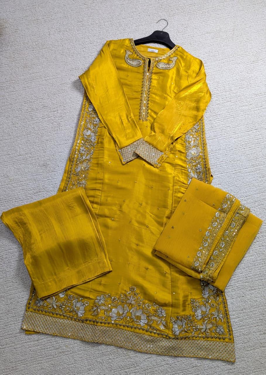 Amna Khurram Yellow Zimal-nov#25 3pc Raw Silk Ready to wear