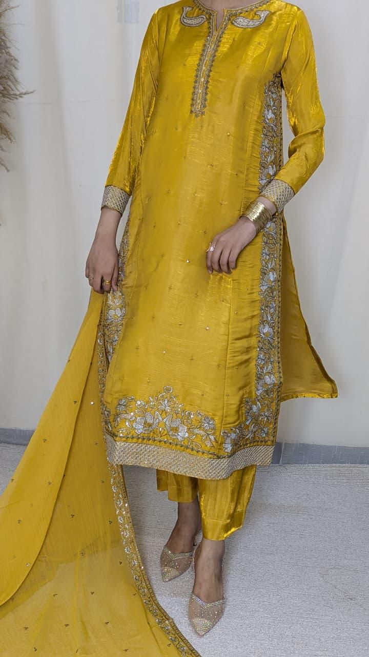 Amna Khurram Yellow Zimal-nov#25 3pc Raw Silk Ready to wear