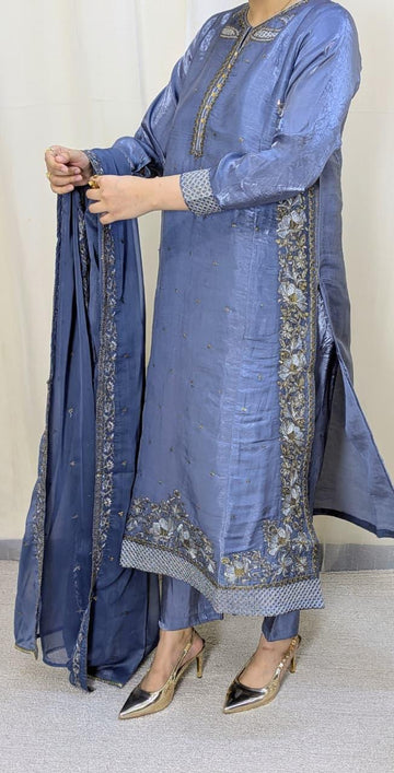 Amna Khurram Grey Zimal-nov#25 3pc Raw Silk Ready to wear
