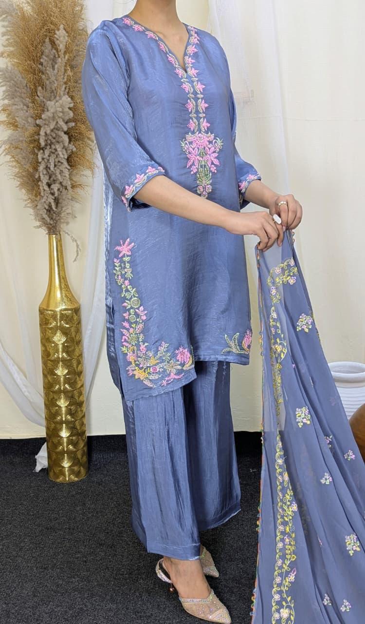 Amna Khurram Gray Zimal-nov#19 3pc Raw Silk Ready to wear
