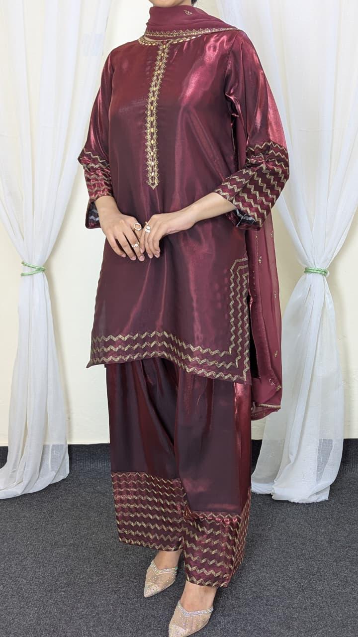 Amna Khurram Maroon Zimal-nov#4 3pc Raw Silk Ready to wear