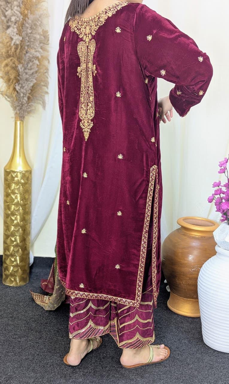 Amna Khurram Maroon Velvet 3pc Ready to wear