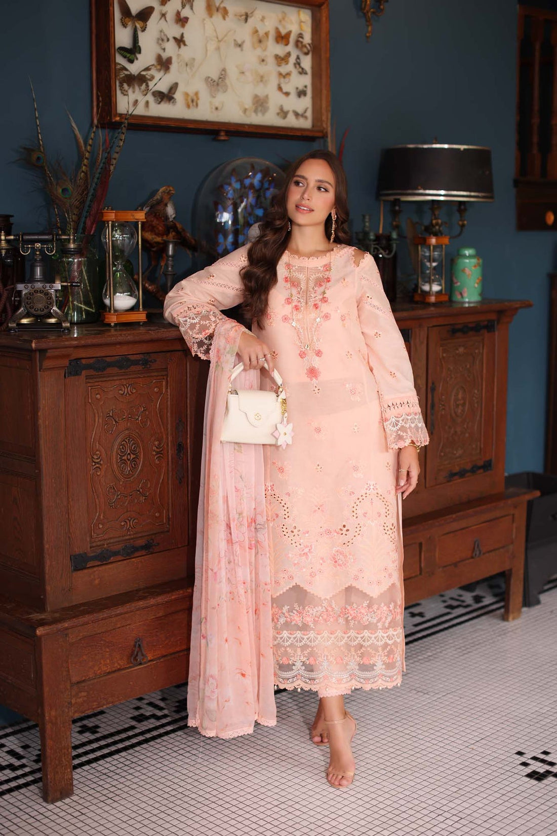 Saadia Asad D6- Peach Luxury Eid Schiffli Laserkari 25