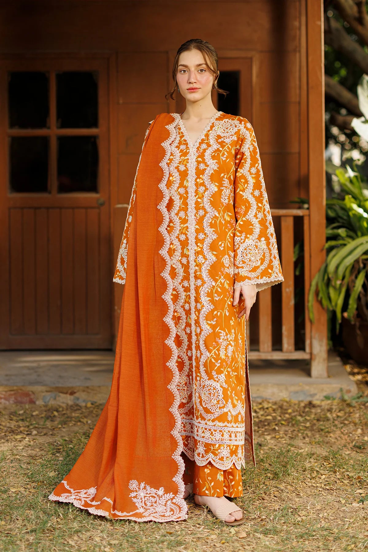 Afrozeh Embroidered Lawn 3-Piece Stitched suite -Rust (Elyora)